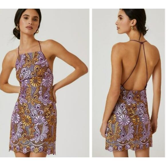 Anthropologie Embroidered Halter Mini Dress Purple Gold Women's 20W